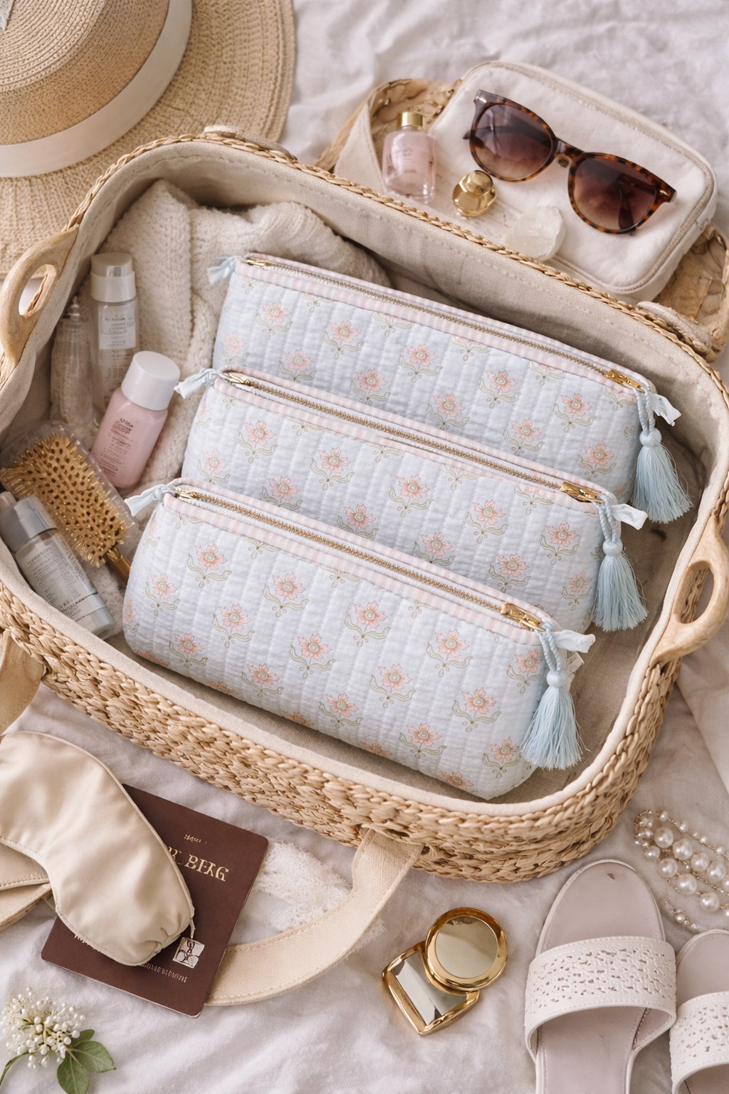 Blush floral block print quilted vanity kit set with tassel zipper, cotton cosmetic pouch trio styled in woven travel basket.