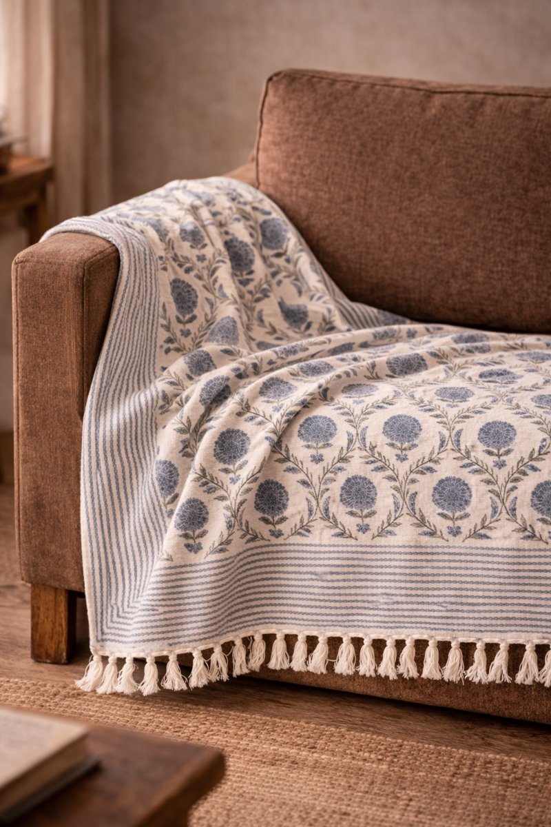 Blue Meadow Block Print Throw