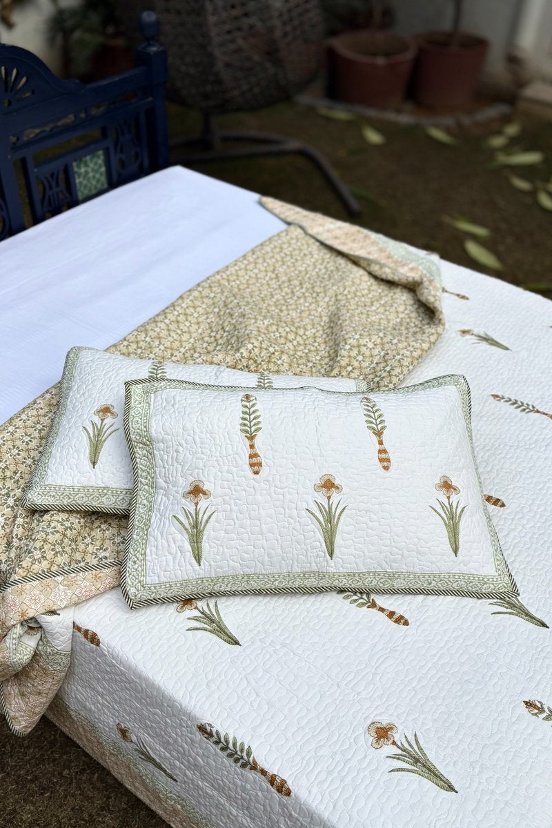 Sage green hand block printed cotton quilted bedcover with pillows delicate floral buta and printed border, luxury Jaipur bedding set