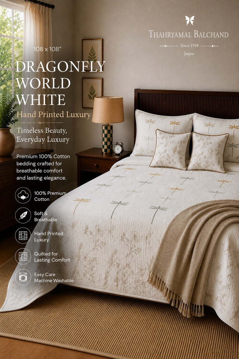 Dragonfly White Quilted Bedcover Set