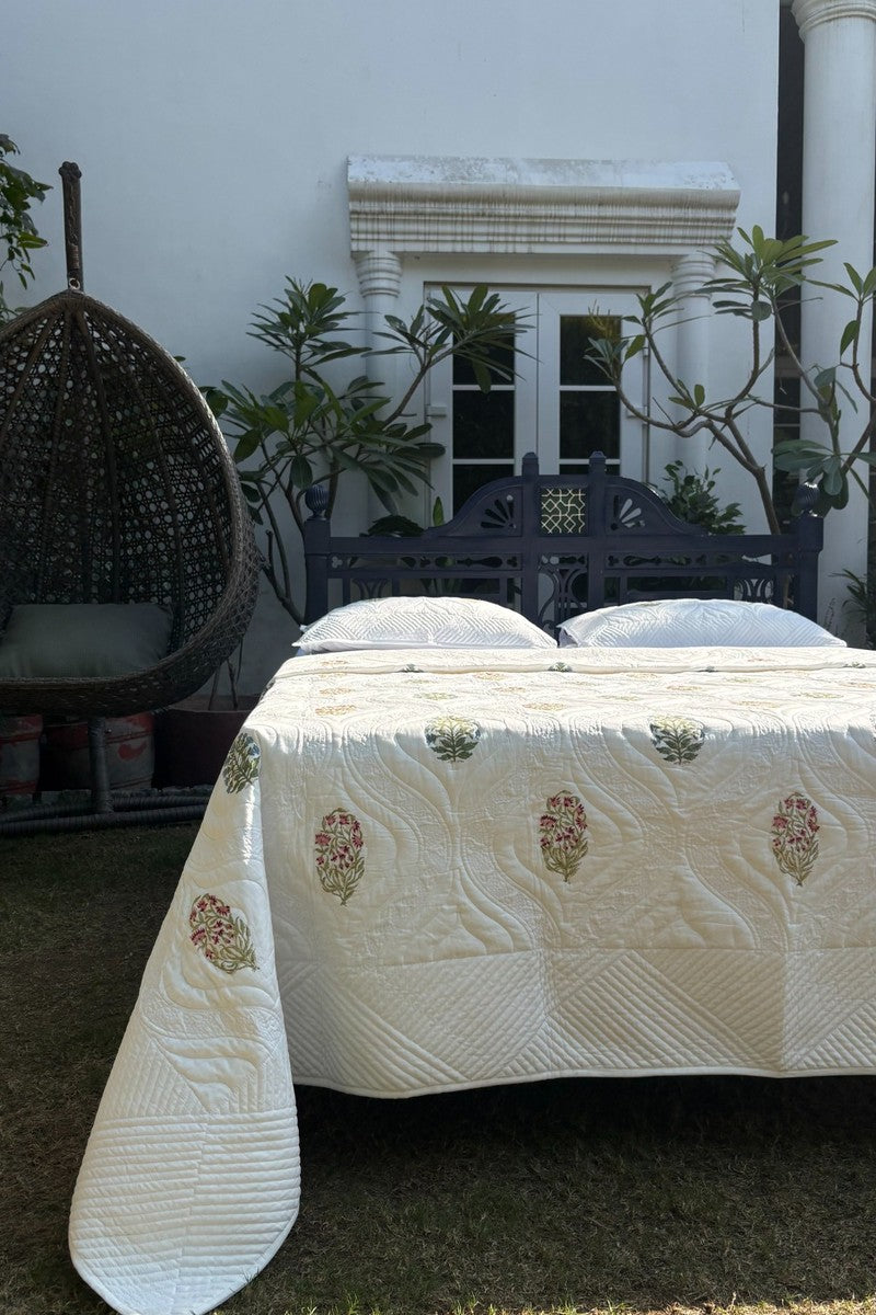 Luxury cotton bedspread with Mughal carnation buta and soft quilted wave pattern