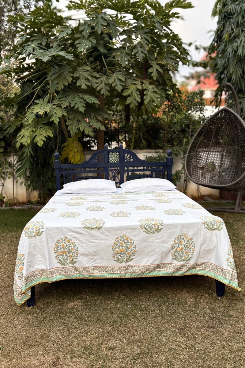 Jaipur hand block print dohar with Mughal floral buta and green border detailing, premium cotton bedding