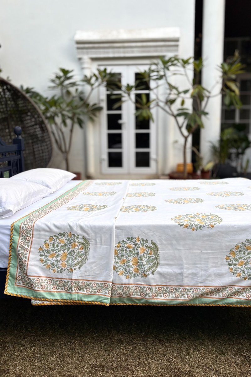 Yellow and green floral block print dohar with intricate border design, handcrafted Indian dohar
