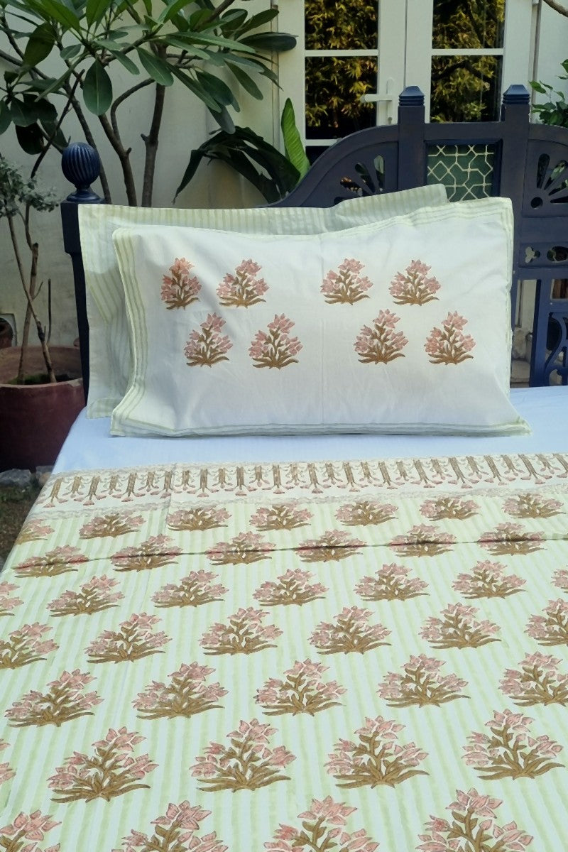 Hand block printed green and beige cotton bedsheet with traditional floral motif, premium king size bed linen