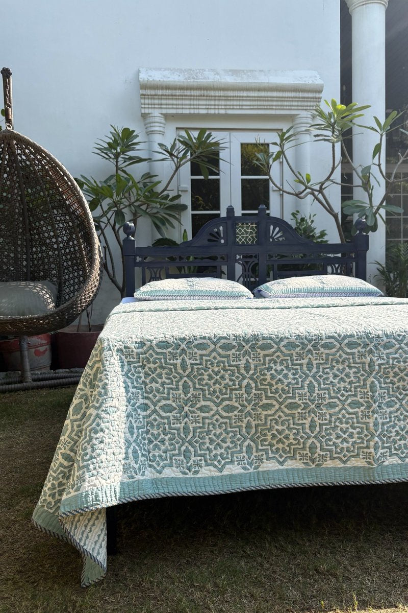 Luxury Jaipur hand block cotton quilt with all-over geometric motif, reversible bed cover