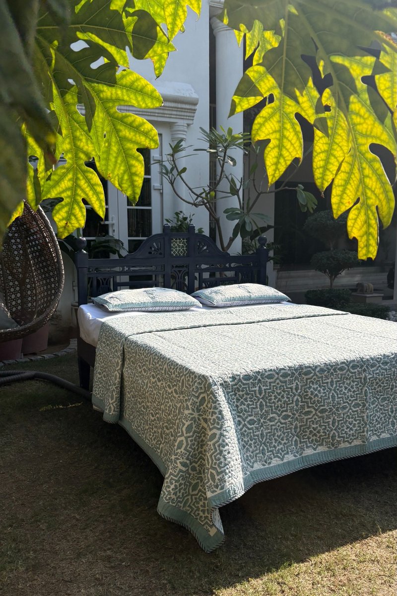 Sage green hand block print cotton quilt set with matching pillows, luxury reversible bedding India