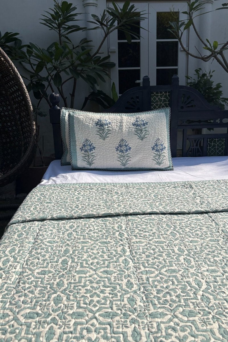 Premium hand block printed king size cotton quilt in soft sage green, artisanal Indian bedding set