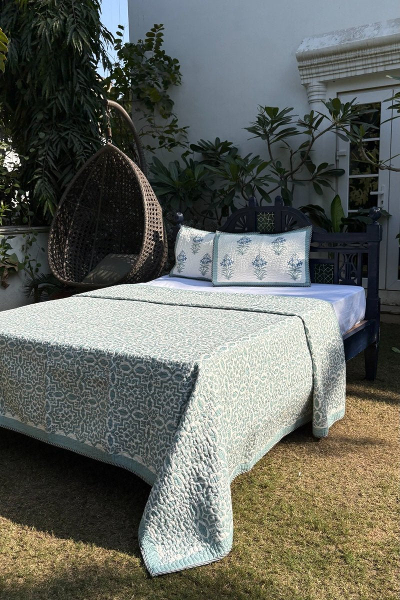 Sage green geometric hand block quilt with matching pillow covers, breathable cotton bedspread India