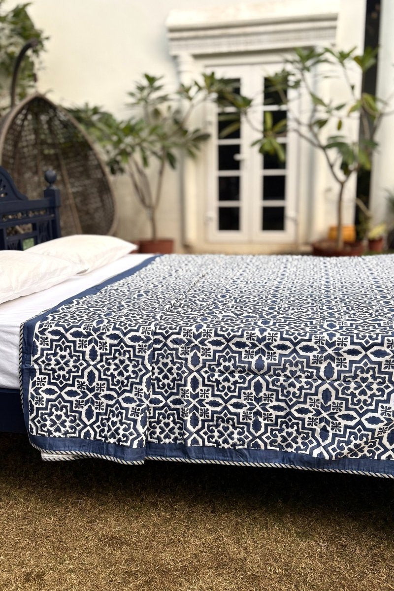 Indigo geometric hand block print cotton Dohar with striped reversible backing, Jaipur bedding set
