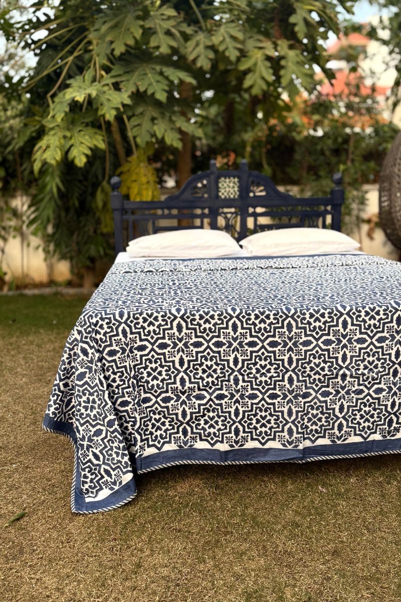 Premium indigo hand block printed cotton dohar with traditional jaal pattern, breathable summer bedding