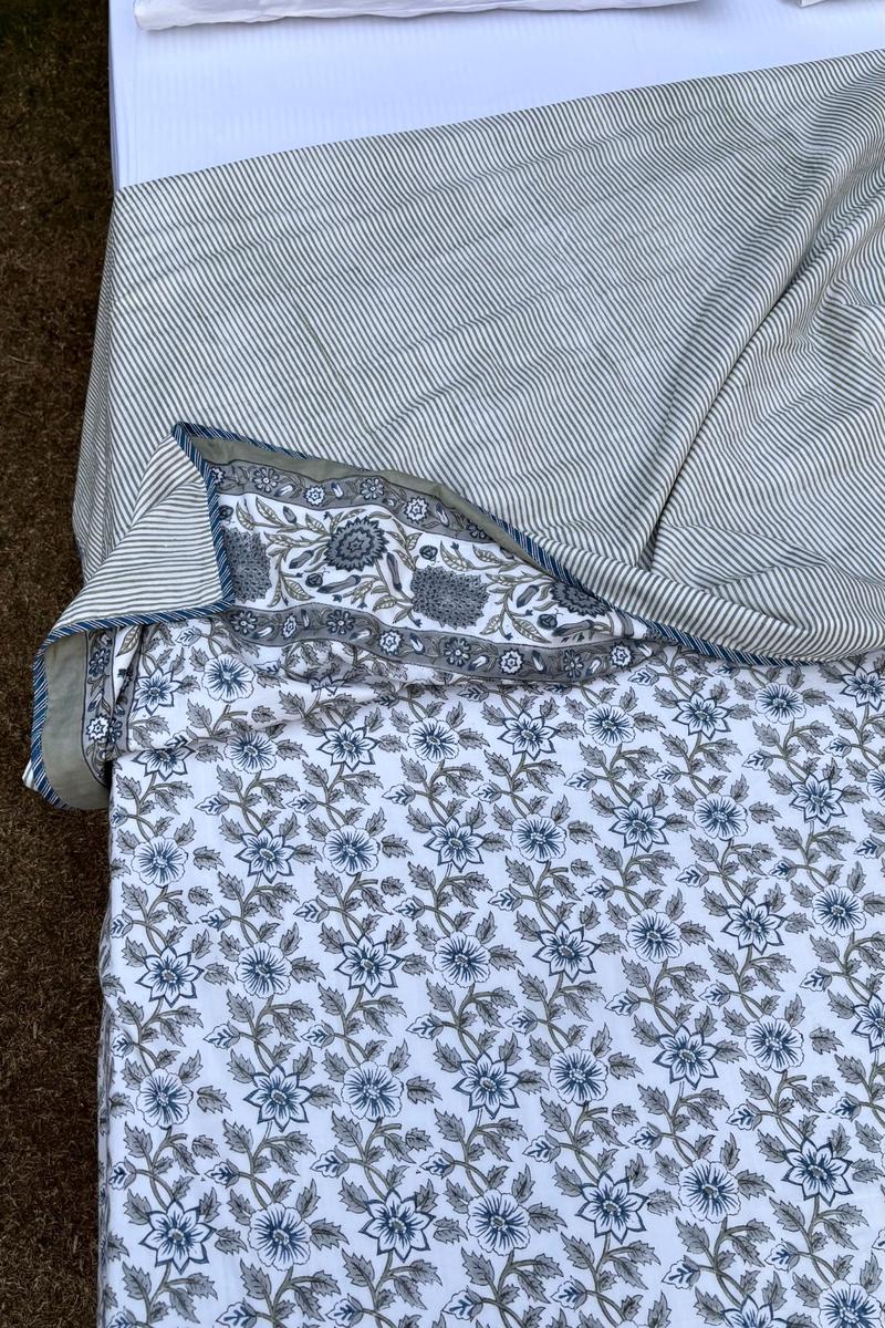 Blue grey floral hand block print cotton dohar with Mughal jaal pattern and soft ivory base, Jaipur bedding