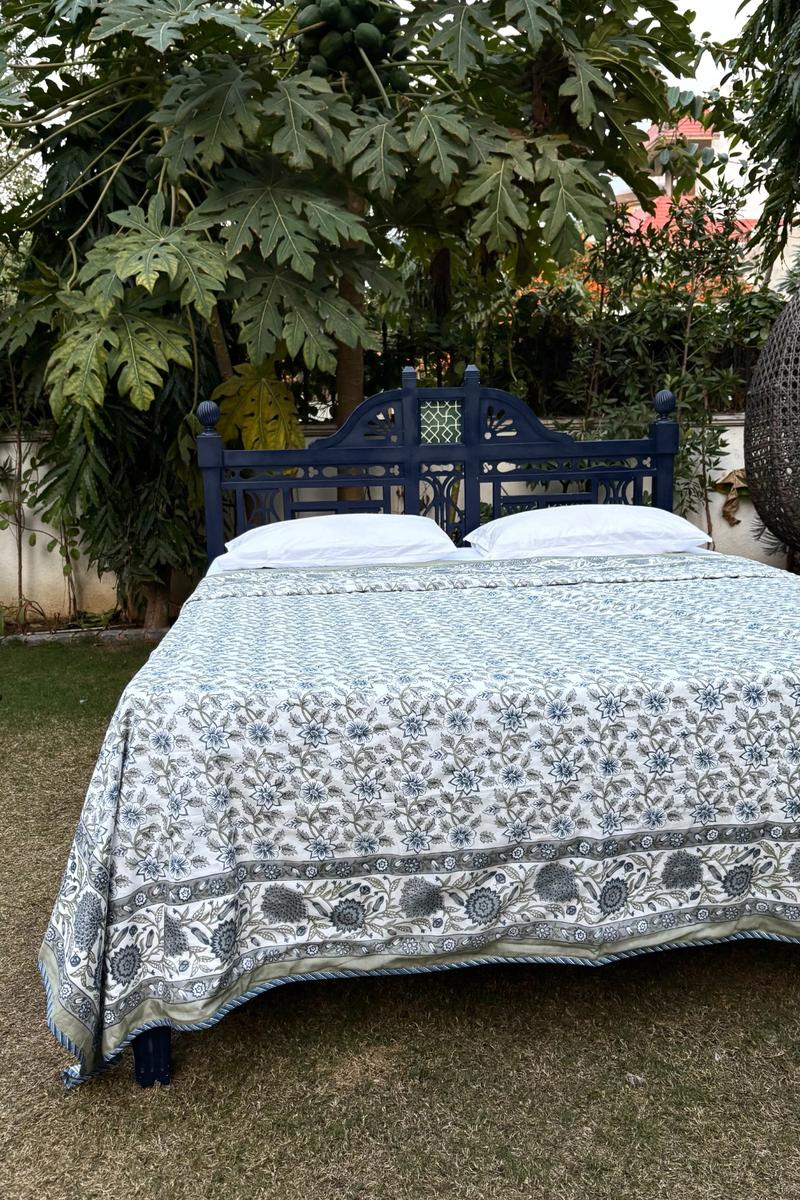 Jaipur hand block printed floral dohar set in blue and grey tones with traditional border design