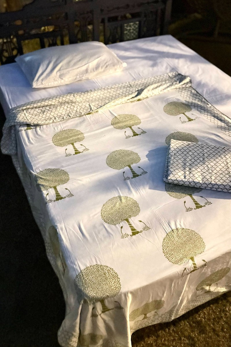 Olive green tree buta hand block print cotton dohar set with geometric border