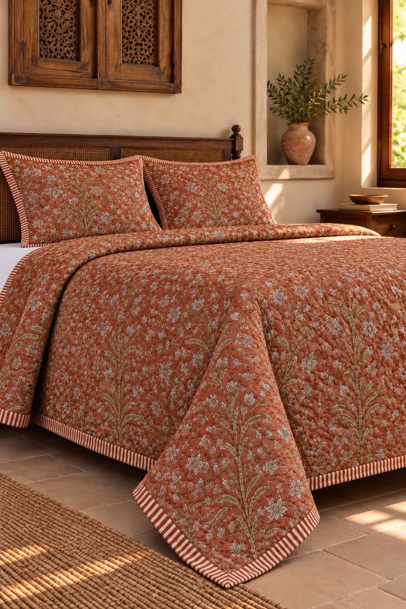 Rustic Rust Gardenia Print Luxury Quilt