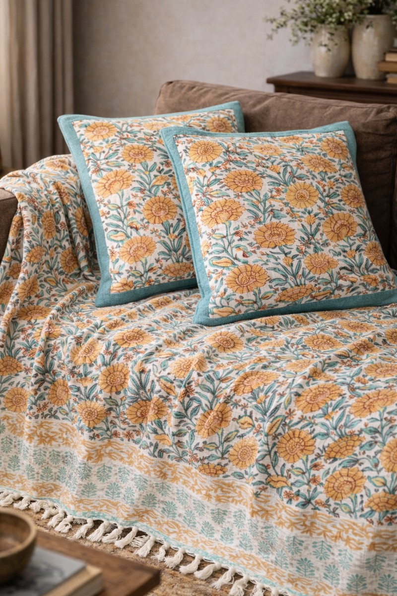 Sunlit Block Print Throw Set