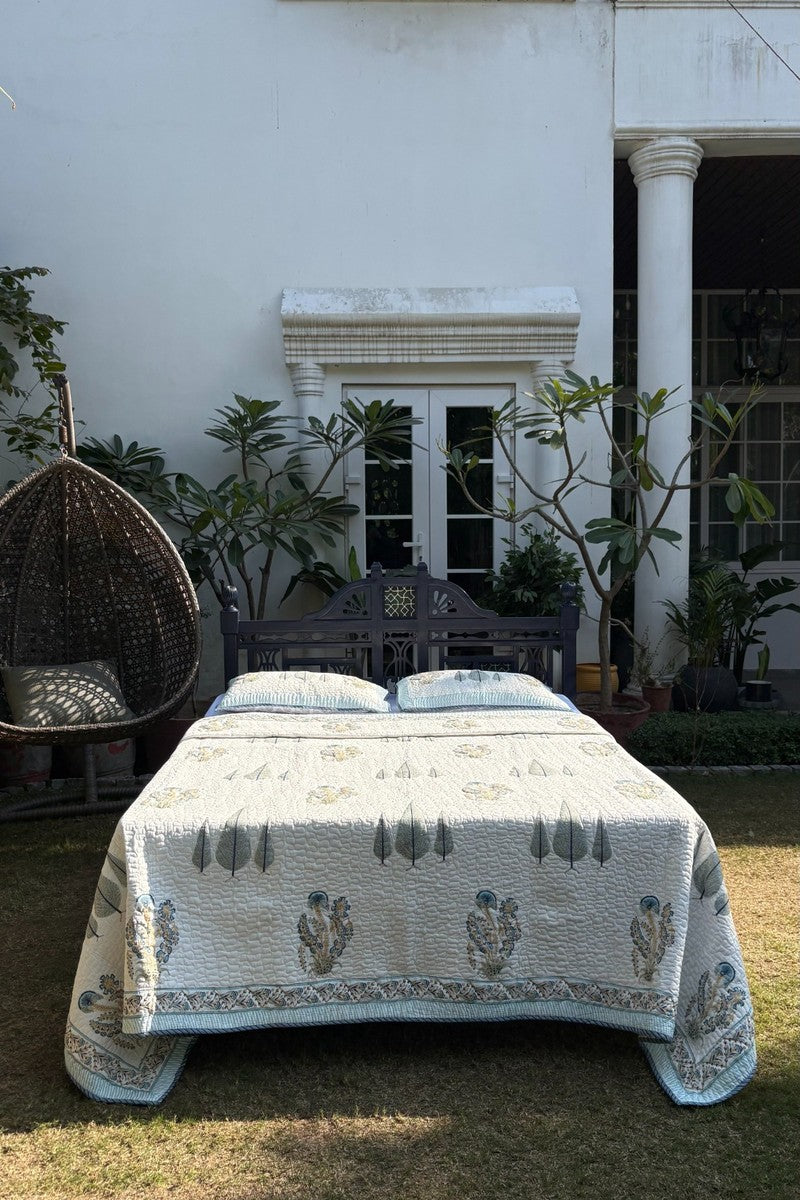 Soft quilted cotton bedspread with blue and yellow Mughal inspired floral pattern