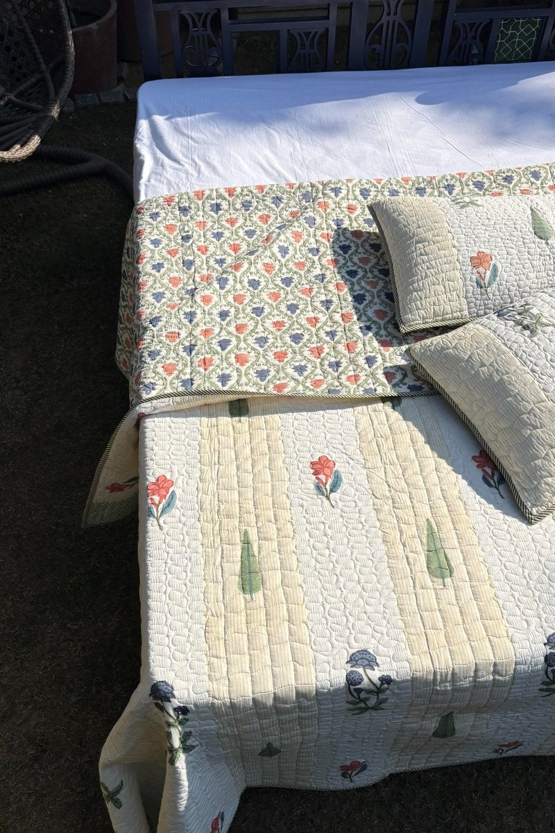 Jaipur hand block printed cotton quilt with subtle stripes and floral buta, luxury summer bedding