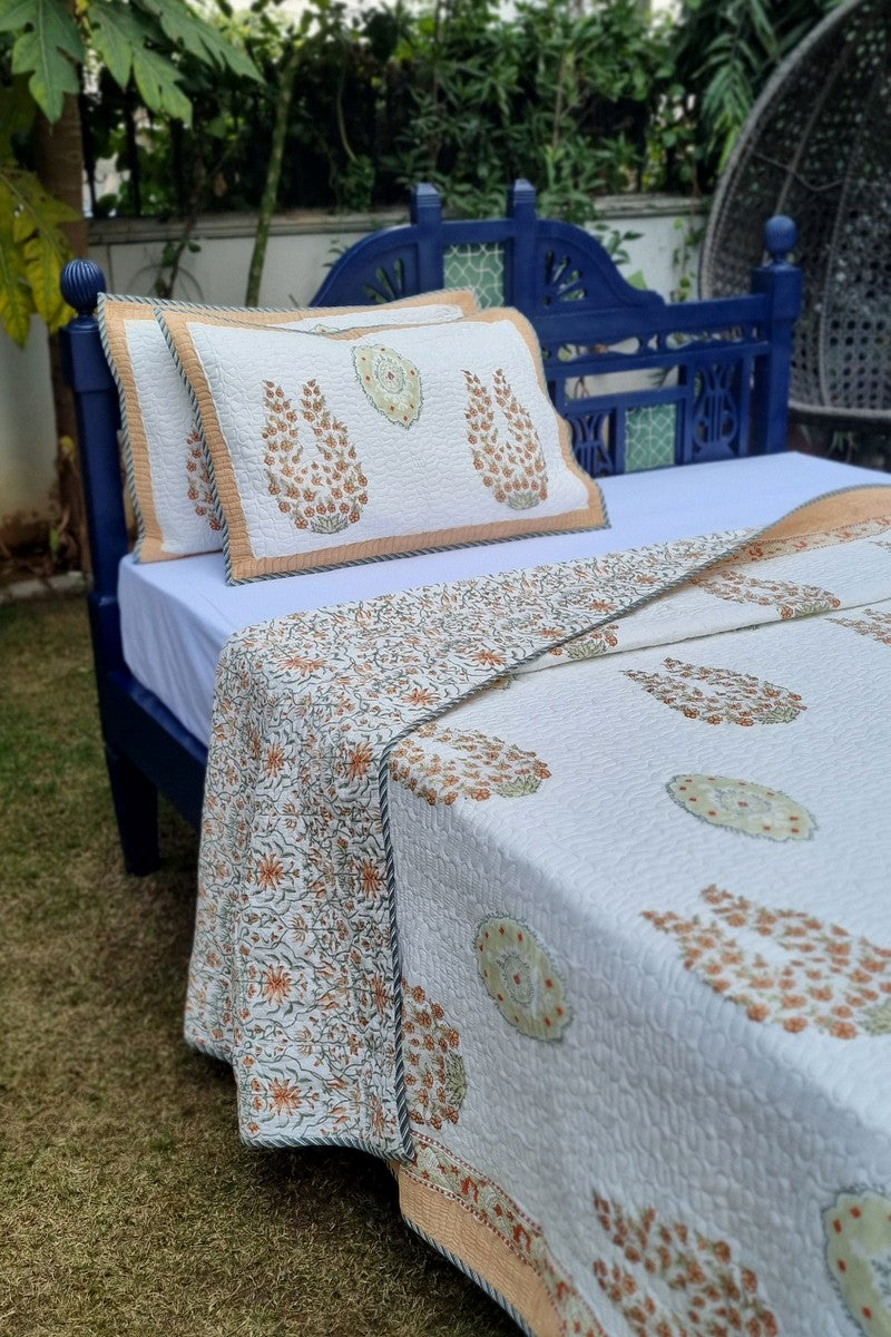 Premium handcrafted cotton bedspread with traditional Indian buta print