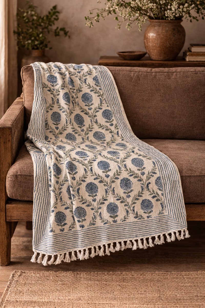 Blue Meadow Block Print Throw