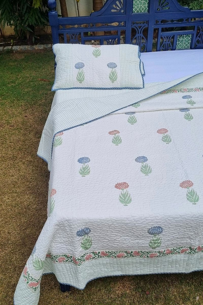Premium Indian block print bedspread in pastel botanical pattern