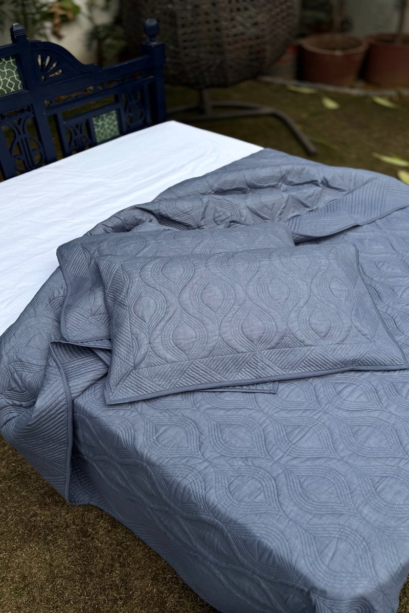 Ash Mist premium solid grey quilted bedspread with geometric stitching pattern