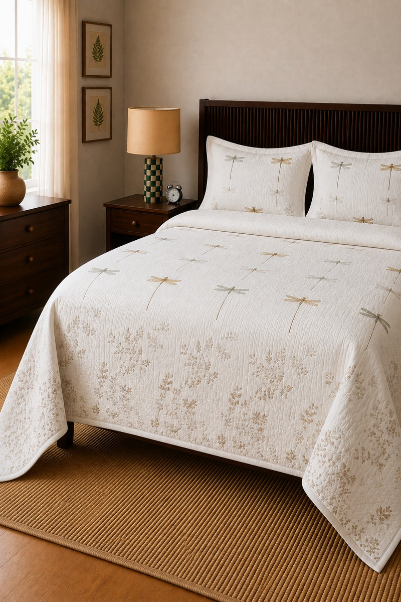 Dragonfly White Quilted Bedcover Set