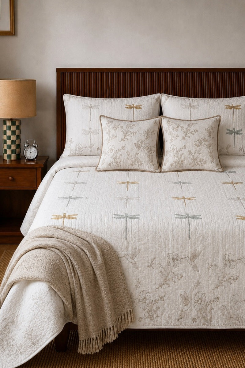 Dragonfly White Quilted Bedcover Set