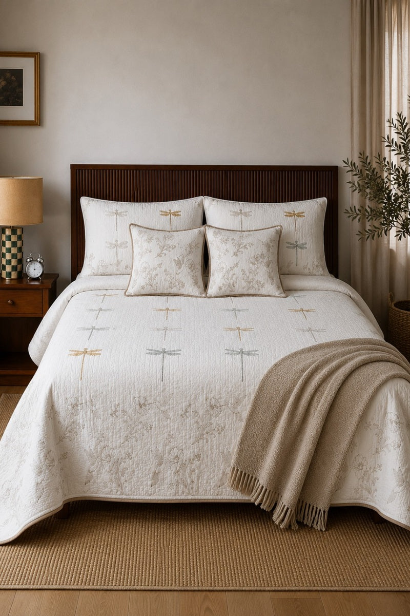 Dragonfly White Quilted Bedcover Set