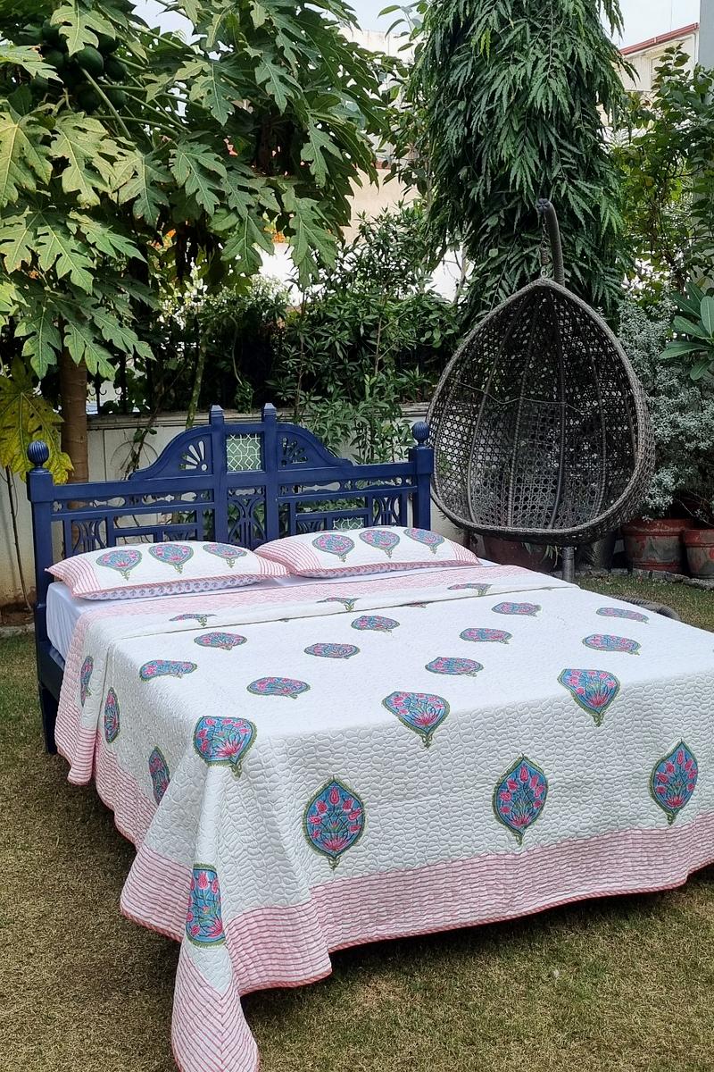 Premium handcrafted cotton bedspread with blue floral buti pattern