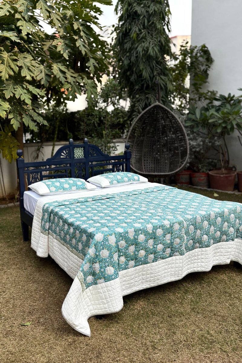 Hand quilted teal floral cotton quilt with ivory border, premium summer bedcover