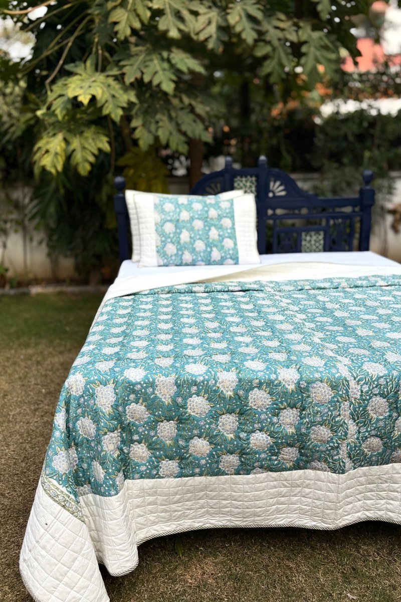 Luxury teal hand quilted bedspread with floral block print, artisan cotton quilt