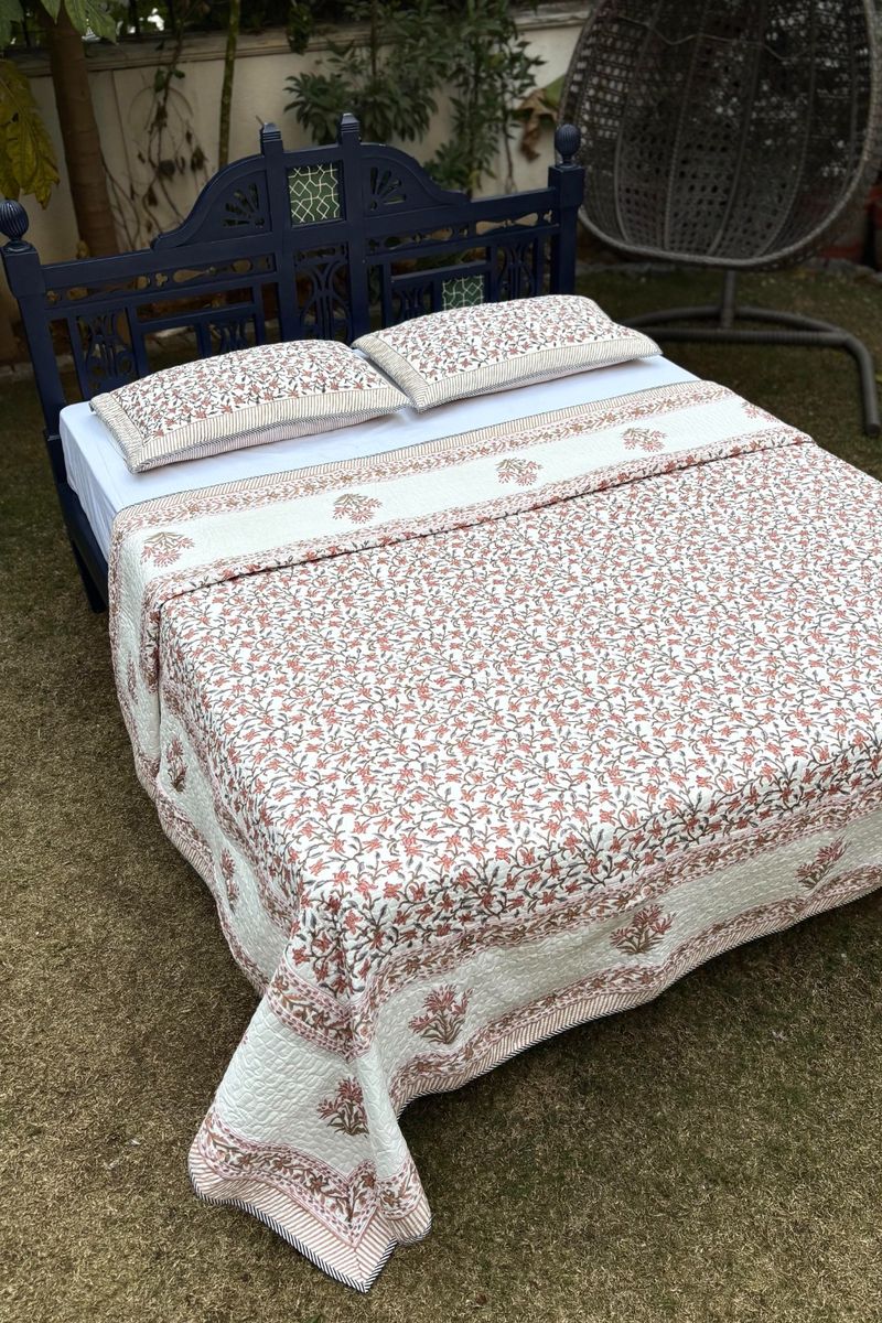 Block Printed Quilted Bedcover with pillow case, jaipur block prints