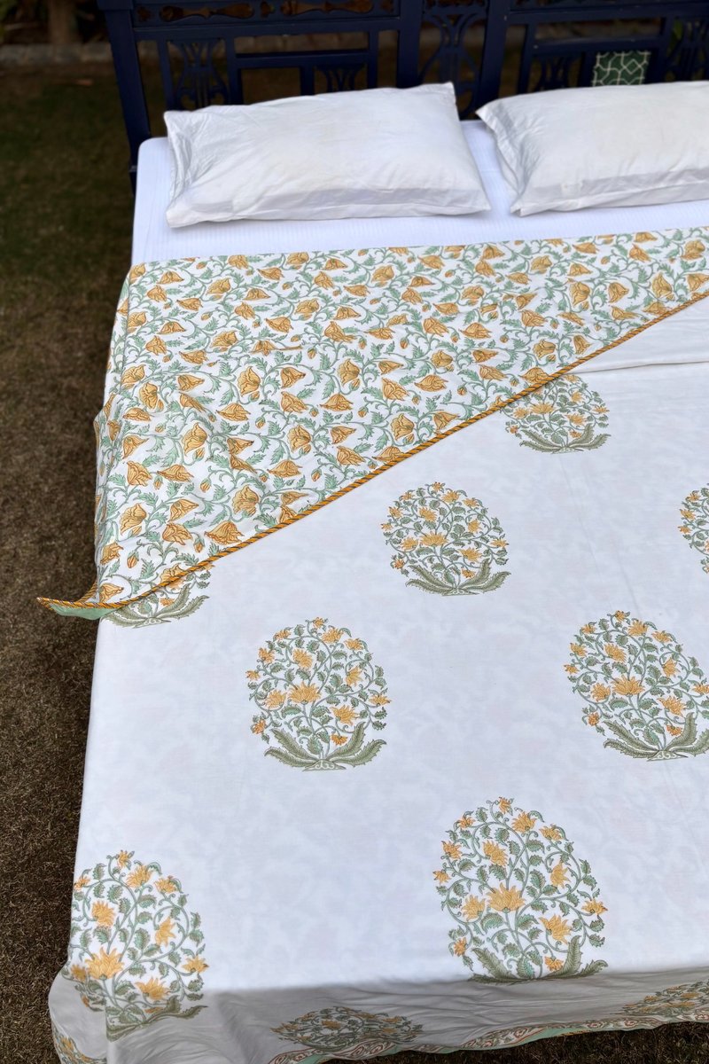 Reversible cotton dohar with small yellow floral jaal backing and ivory buta front, Jaipur block print bedding
