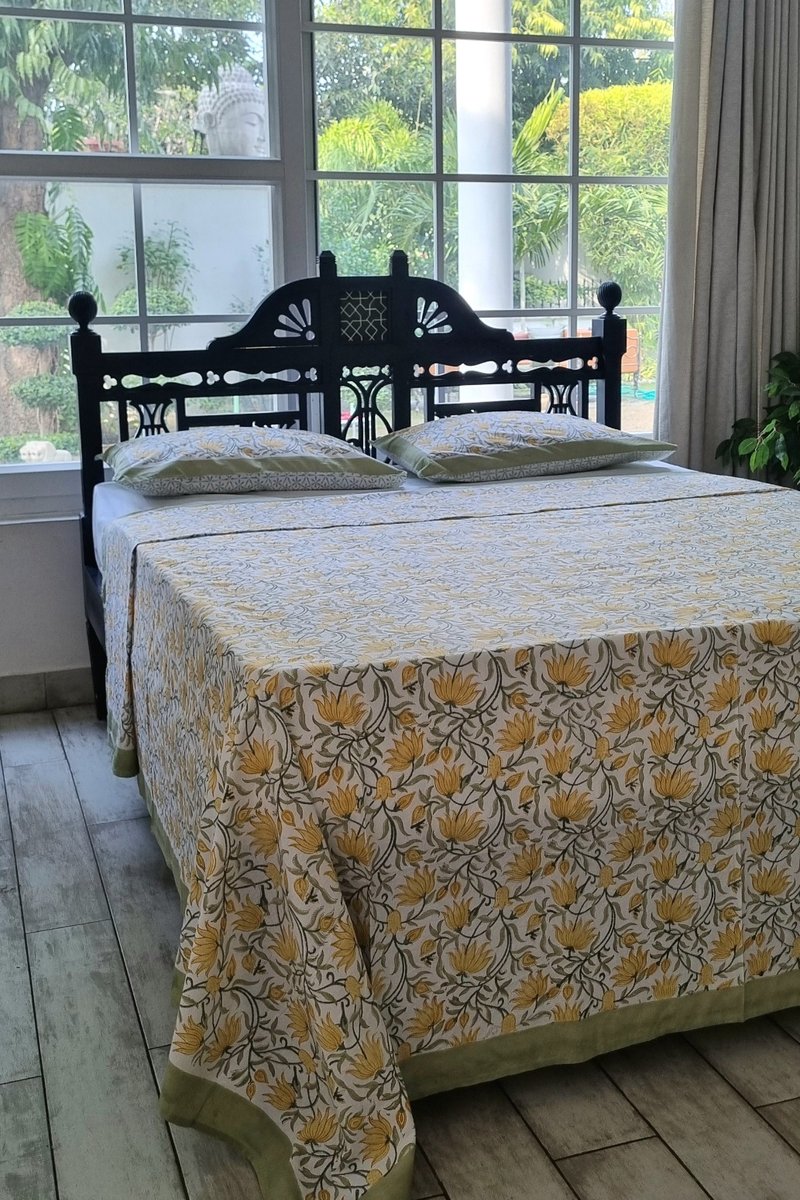 King size cotton bedsheet set with traditional Indian floral vine block print design