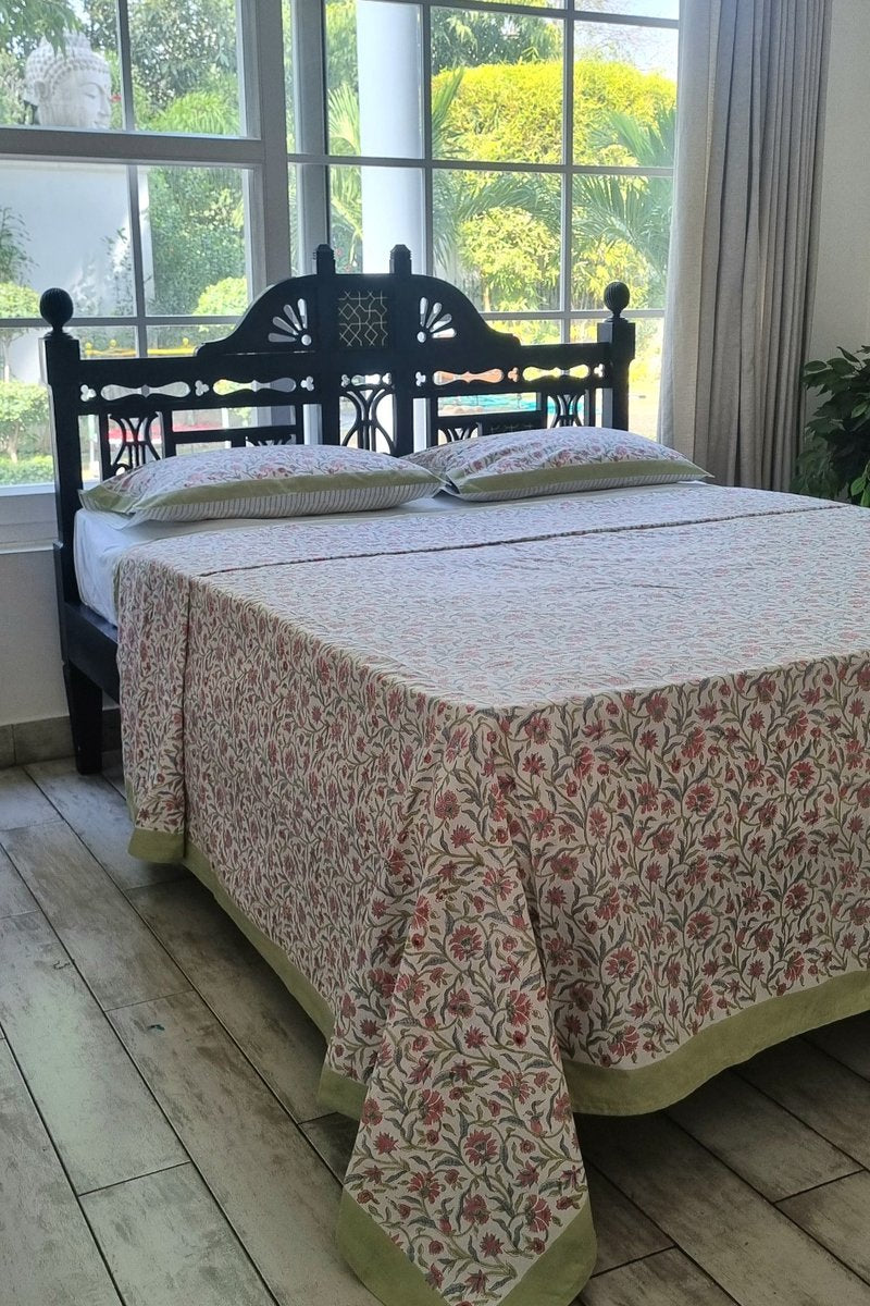 Floral cotton bedsheet set with pillow covers in traditional Jaipur hand block print design