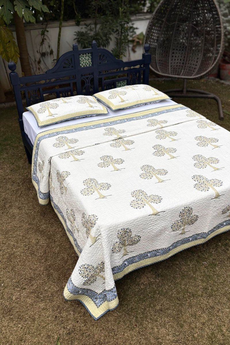 Luxury blue tree print cotton quilt set with matching pillow covers, breathable Indian block print bedspread