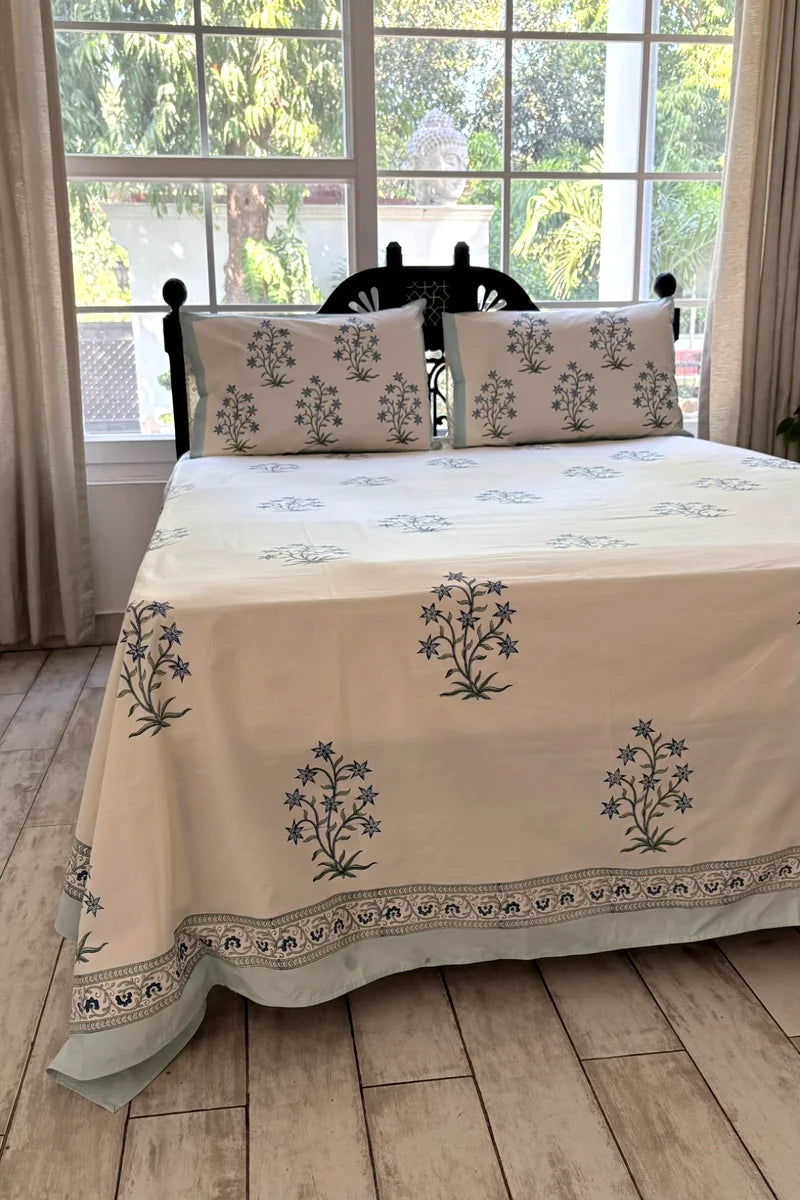 Indigo Wildflower Block Print Bedsheet Set