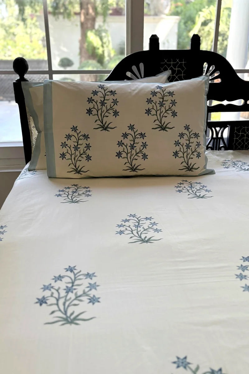 Indigo Wildflower Block Print Bedsheet Set