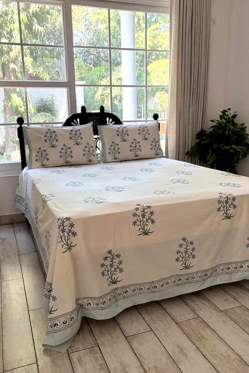 Indigo Wildflower Block Print Bedsheet Set