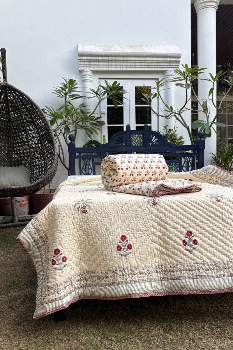 Ivory hand block print quilt with red floral buti pattern and traditional border detailing, cotton reversible Quilt