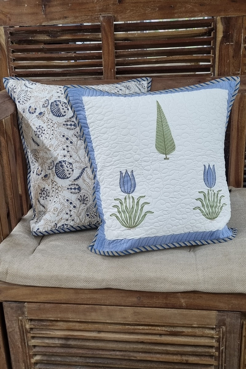 Lotus Block Print Quilted Cushion Covers (Set of 2)