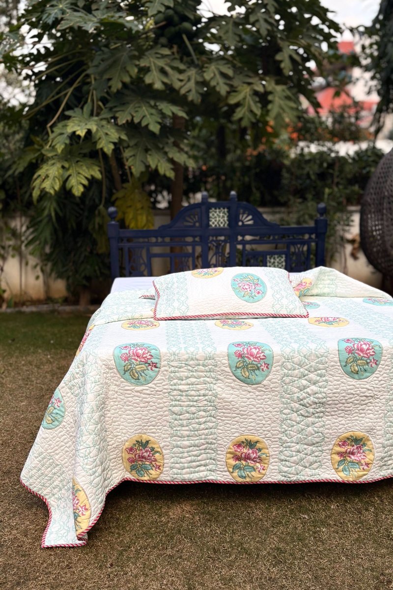 Floral medallion quilted pillow covers with aqua geometric stripes, handcrafted cotton Jaipur bedding