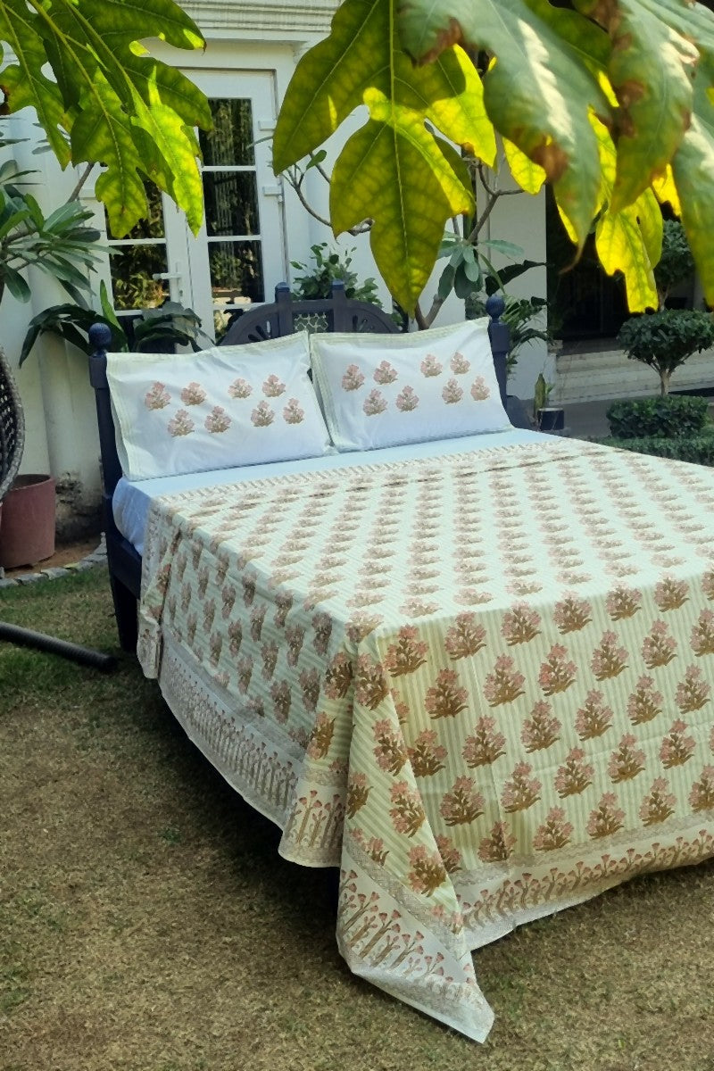 Green hand block print cotton bedsheet with floral buta pattern and border, king size bedding set outdoor styling