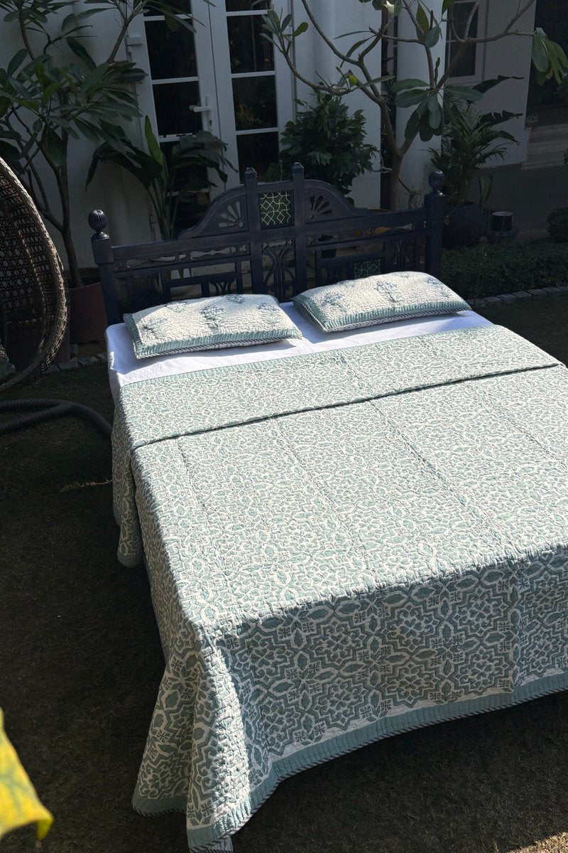Jaipur hand block printed cotton quilt with sage green geometric pattern and floral pillow cover, reversible summer bedding