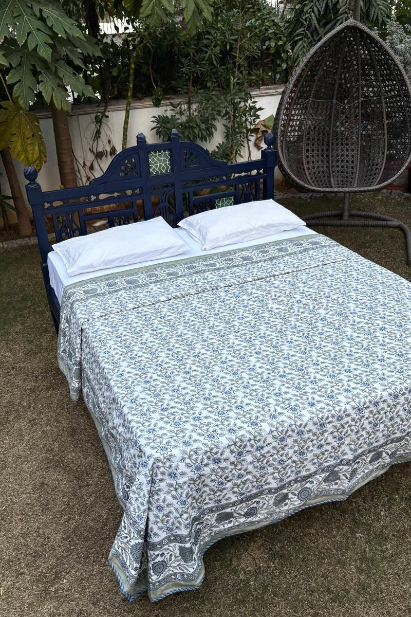 Premium blue grey block print dohar with detailed floral border, luxury cotton bedspread India