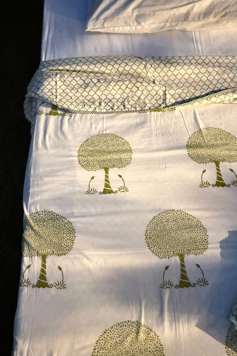 Hand block printed cotton dohar with olive tree motifs and lattice print border in soft white base fabric
