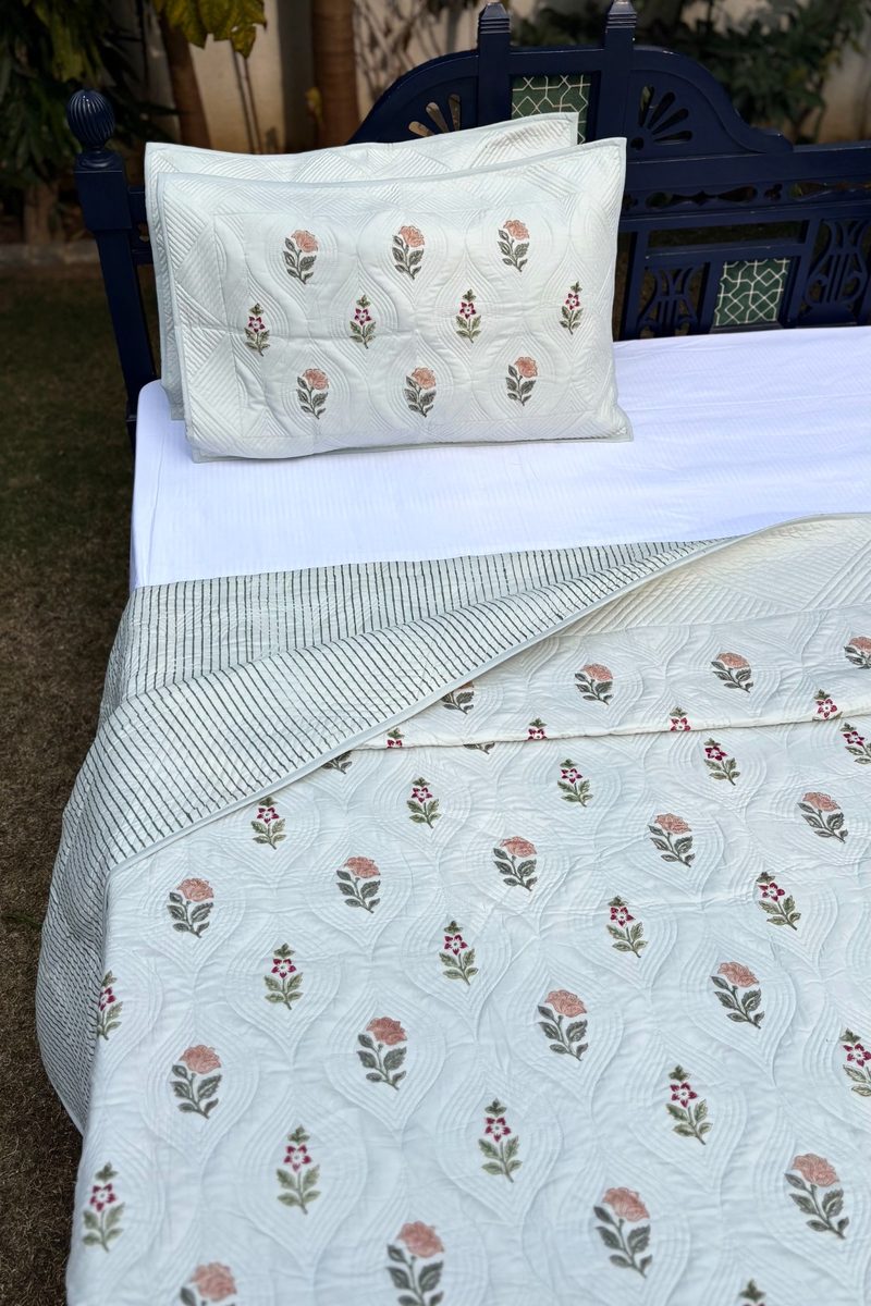 Hand block printed cotton pillow cover and quilt in white floral design, handmade bedding