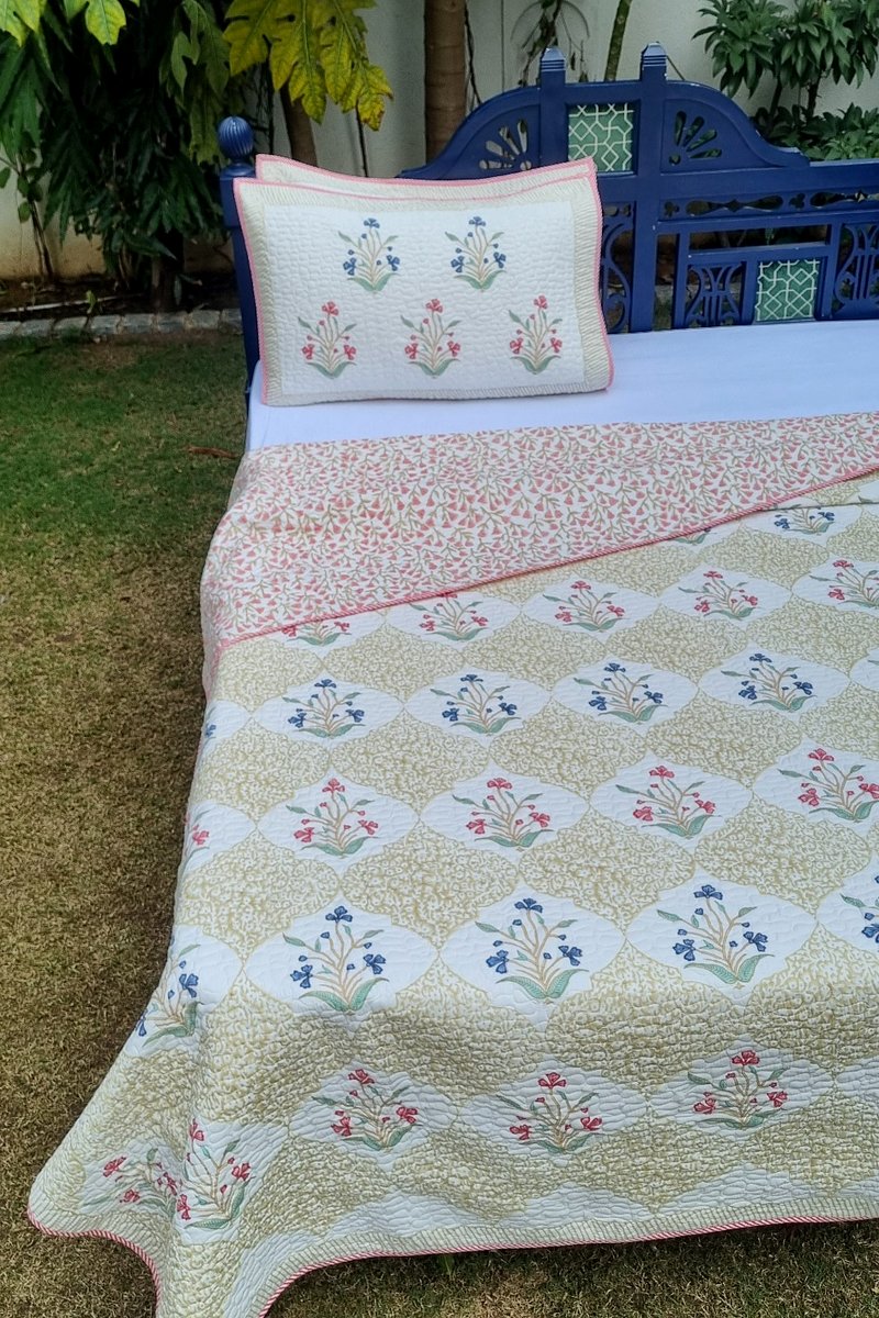 Heritage Mughal jaal inspired floral bedcover with quilted texture and matching pillow covers