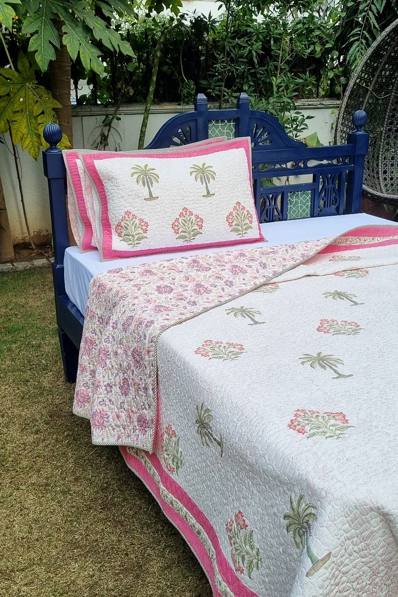 Premium handcrafted cotton bedspread with palm and floral Mughal design
