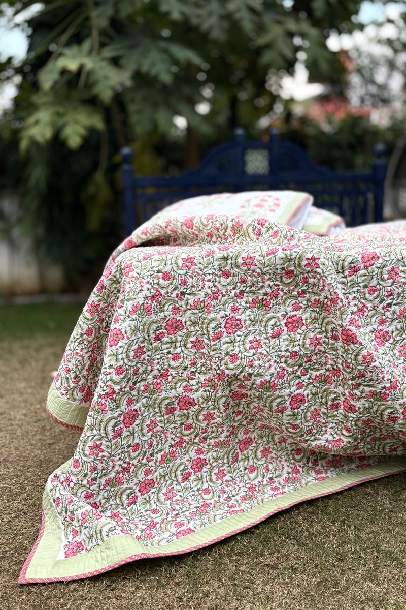 Luxury pink and green hand block print quilted bedcover set with matching pillow shams, breathable cotton summer quilt